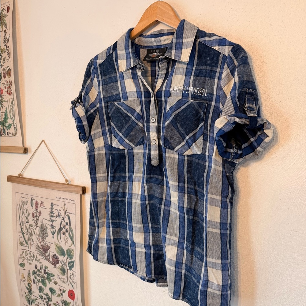 Harley Davidson - Medium - Navy and White Plaid Shirt